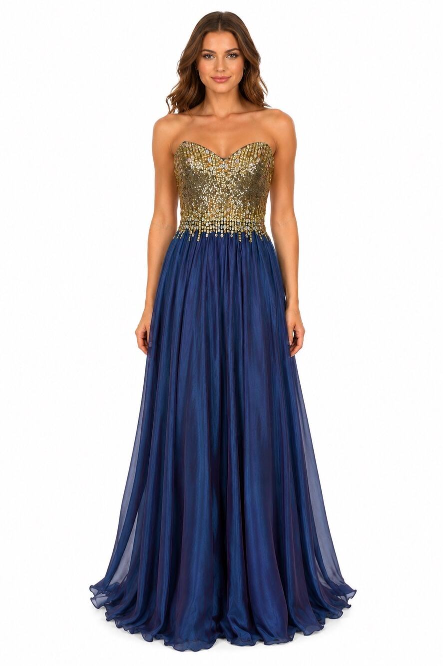 2000s Glow Dress Blue Chiffon Beaded Prom Gown Gold Sequin Formal Strapless S